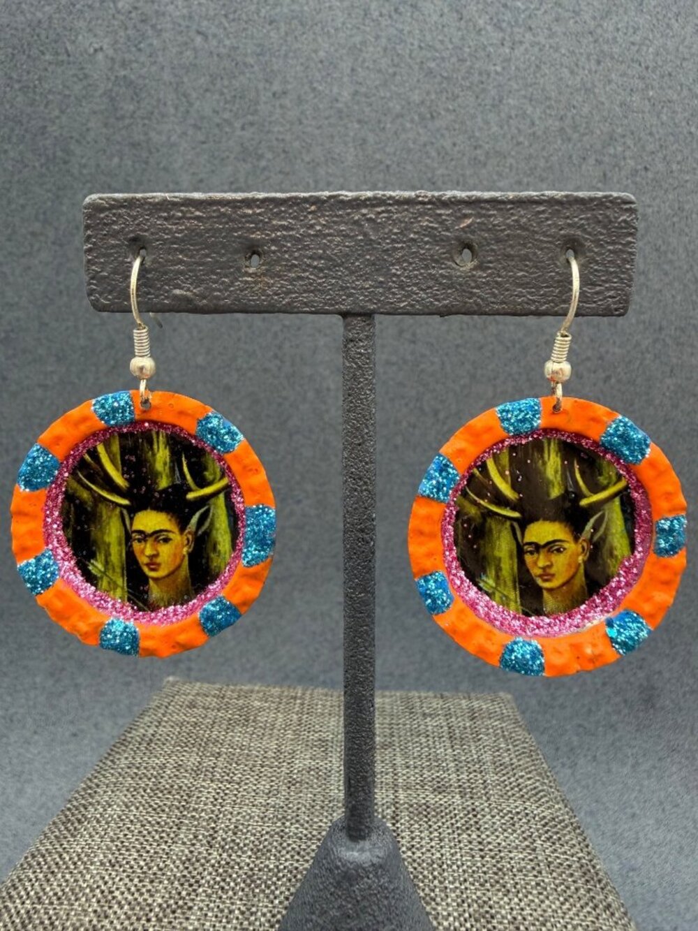 Handmade Frida Kahlo Earrings 2 In Drop Pierced Bottle Cap Orange Blue Glitter